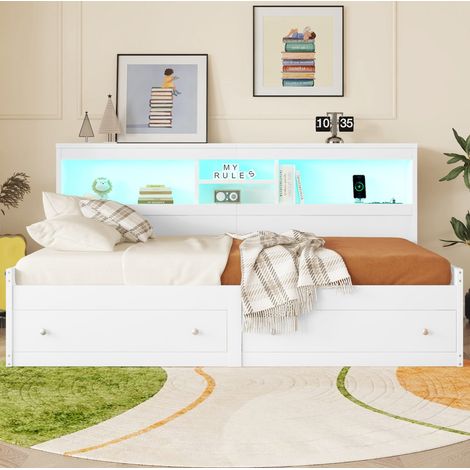 Cama diván 203x115x90 cm de madera blanca con almacenaje, sin colchón – MEUBLIV (1/5)