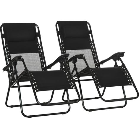 Garden Recliner Chairs Set of 2, Outdoor Foldable Zero Gravity Chairs Set w/ Footstool and Detachable Headrest, Black (1/5)