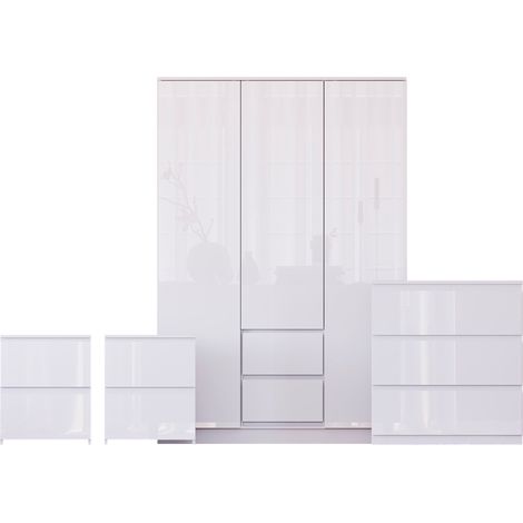 Glinton 4 Piece Bedroom Set (2 Drw Bedside x2, 3 Drw Chest, 3 Dr 2 Drw Wardrobe), White (100% FSC) (1/4)