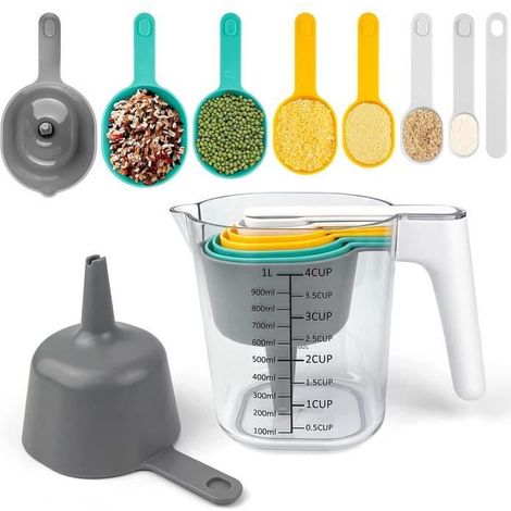 Verre mesure avec plusieurs Tasses à Mesurer, un Entonnoir et un racloir Ustensile de cuisine 9 Pièces en 1 en Plastique Sans BPA (1/4)
