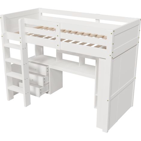Hochbett 90 x 200 cm weiß mit LED, Schreibtisch, Kleiderschrank und Stauraum (1/5)