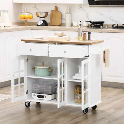 Carrello da cucina con ruote, isola cucina con 2 cassetti, 3 ante in vetro temperato, portasciugamani, 124,5x39,5x90 cm, bianco