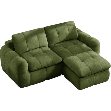 Sofá modular en L de 2 plazas en chenilla verde con puf, diseño acolchado y base antideslizante (1/5)