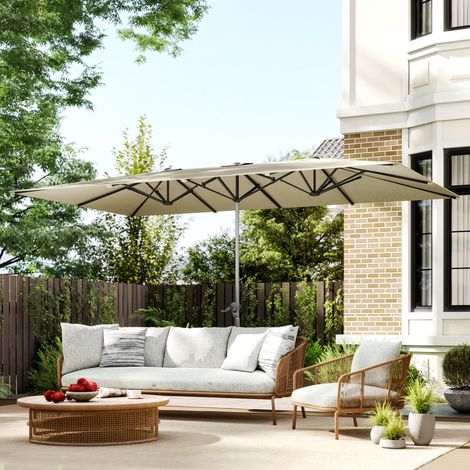 Parasol double face 451x264cm manivelle 12 entretoises métalliques poteau aluminium, blanc crème