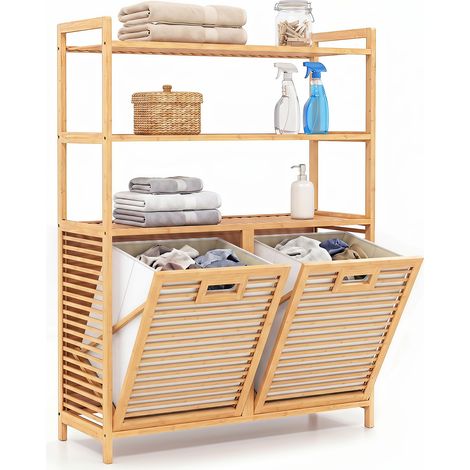 Meuble Salle de Bain avec Panier à Linge, Armoire Salle de Bain en Bambou Naturel, 2 Paniers Amovibles Basculants 27 L, Étagères Ouvertes à 3 Niveaux (1/5)