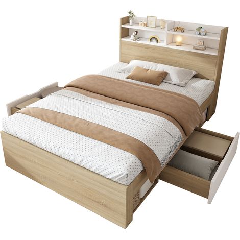 Letto singolo 90x190 con 2 cassetti, 4 vani aperti e testiera con mensole, struttura in legno bianco e legno chiaro, rete a doghe inclusa CHICFURN (1/5)