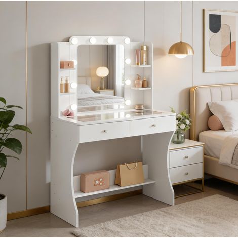 Tocador 80x40x135 cm blanco en MDF con espejo LED, tablero de vidrio y 2 cajones (1/5)