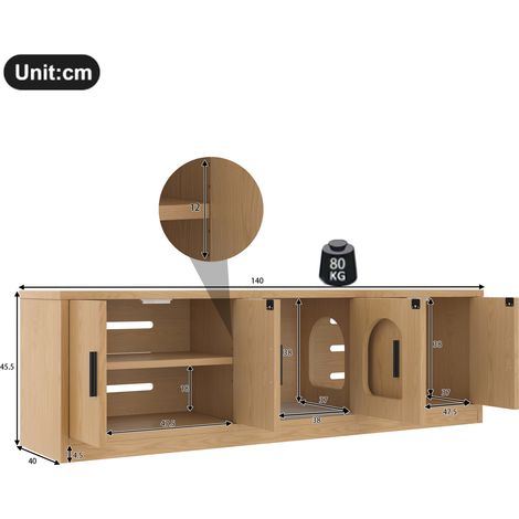 Mueble arenero para gatos 140x40x45,5 cm en tablero de partículas roble, ventilado – MEUBLIV (1/5)