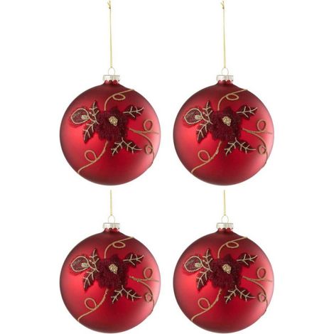 Lot de 4 Boules de Noël Fleurs "Rosaline" 12cm Rouge