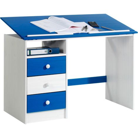 Idimex – Bureau enfant inclinable 73x115x60 cm – Pin massif lasuré blanc et bleu – 3 tiroirs et réglette amovible – Pour travail et dessin