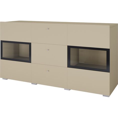 Buffet RAMOS 130 cm – Hellbeige – 2 Glastüren und 3 Schubladen – Ohne LED