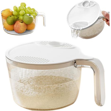 Petit bol laveur de riz 7,1 pouces avec couvercle filtre. Lave légumes, fruits, céréales, légumineuses. Poignée. (1/5)