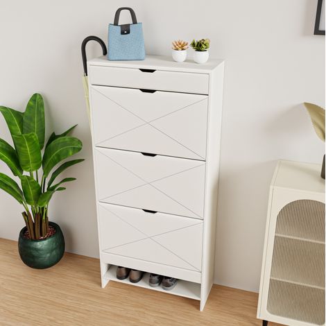 Zapatero de MDF blanco con 3 puertas abatibles y cajón superior, 2 niveles por compartimento (1/5)