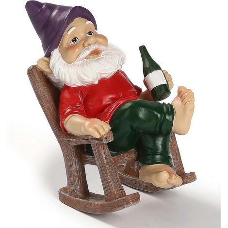 Hausure Gartenzwerg sitzt auf einem Schaukelstuhl – Lustige Gartenzwerg-Statue für Rasen, Terrasse und Garten