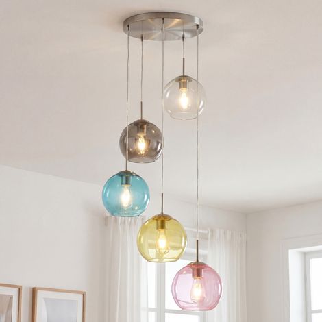 Hängeleuchte Glas Metall E27 Ø 50 cm H: max. 120 cm in Silber matt Bunt Kugelschirm rund Retro