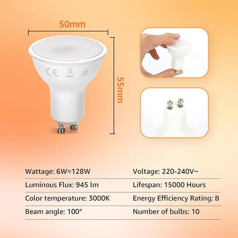 GU10 LED Bulb 6W Equivalent 3000K Warm White 945 Lumens LED Spot Light Bulb Non-Dimmable (1/2)