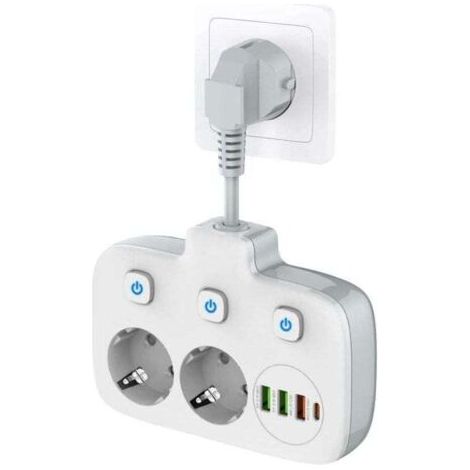 BUNTHAUS Steckdosenleiste mit einem Schalter und 2 Fächern, Steckdosenleiste mit 3 Schaltern, Doppelsteckdose mit 4 USB-Anschlüssen, Netzadapter mit Überspannungsschutz, Kindersicherung