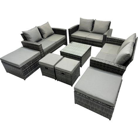 Fimous PE Rattan Garden Furniture Set Lounge Double Seat Sofa Coffee Table Set with 4 Stools Dark Grey Mixed (1/5)