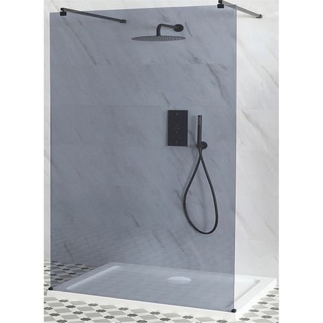 Milano Nero-Luna - Black Floating Walk In Frameless Wet Room Shower Enclosure with Smoked Glass Screen&44 Support Arms and White Tray - 1400mm x 800mm (1/5)