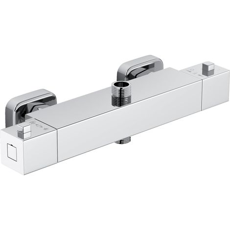 Mitigeur de Douche, Robinet de Douche Thermostatique avec 2 Sortie, Sortie Supérieure 3/4" BSP(26.4mm) et Sortie Inférieure 1/2" BSP(21mm), Forme Carrée, Laiton, Finition Chromée (1/5)