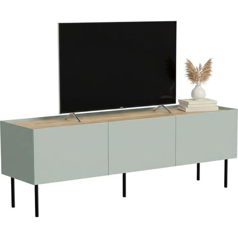 Mobile porta TV Calanna, Madia da salotto con tre ante battenti e tre vani interni, Rialzato da terra, 150x40 h52 cm, Verde e Rovere