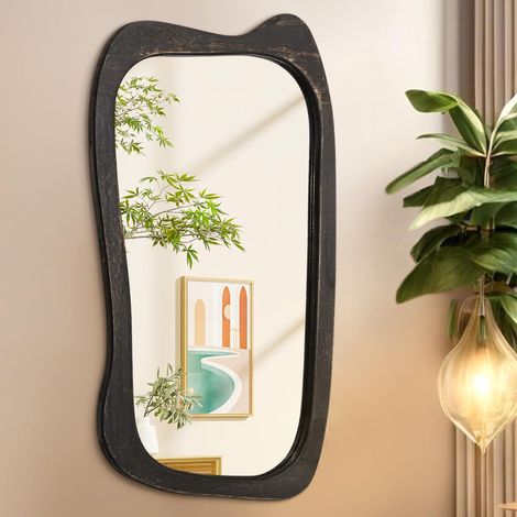 Grand miroir mural avec cadre en bois irrégulier, 70 x 40 cm, miroirs à suspendre asymétriques vintage pour salle de bain, chambre à coucher, salon, entrée (1/5)