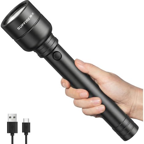 Lampe de poche LED rechargeable, ultra lumineuse (batterie 8000 mAh), forte longue portée, avec 6 modes d'éclairage, étanche pour le camping, la randonnée, la pêche, les urgences (1/5)