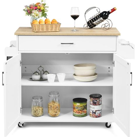Goplus – Desserte de cuisine sur roulettes – 2 étagères réglables – Grand tiroir – MDF résistant à l'humidité – Dimensions 116 x 40 x 85 cm (blanc)