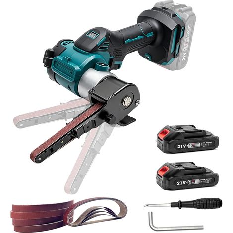 Ponceuse à Bande Sans Fil, Ponceuse Pneumatique à Bande avec Poignée Pivotante à 360° avec 2 x 1300 mAh Batteries 20Pcs de Bande Abrasive pour Poncer, Affûter et Enlever la Rouille (1/5)