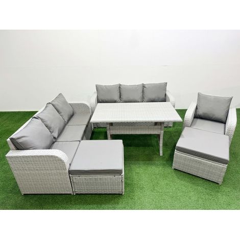 Fimous 9 Seater Poly Rattan Outdoor Garden Furniture Rectangular Dining Table Sofa Set Patio 3 Seater Sofa Reclining Chair 3 Seater Sofa 2 Big Footstools Light Grey (1/4)