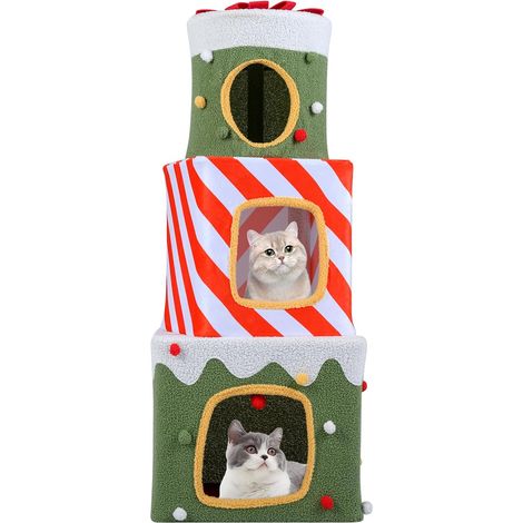COSTWAY Niche Chat de Noël à 3 Niveaux, Maison Chat, 3 Condos Empilables en Forme de Boîte Cadeau, Polaire Teddy, Tissu Peluche, Pompon Suspendu, Boules de Noël, Chaque Couche Charge 15 kg (120 cm) (1/5)
