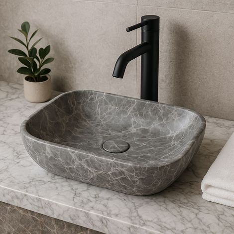 Signature Angelica Countertop Basin with Unslotted Waste 460mm Wide 0 Tap Hole - Grey Marble (1/3)