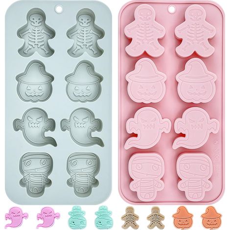 Lot de 2 moules silicone personnages Halloween à formes squelette, citrouille, fantôme, momie, moules flexibles réutilisables pour chocolat, bonbons, pâte à sucre, modelage sucré et décoration de gâte