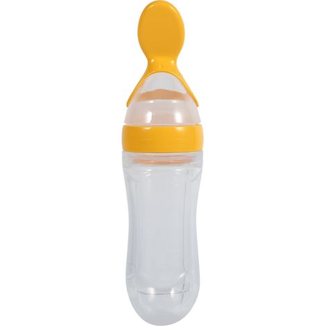 Biberon d'alimentation en silicone 90 ml pour bébé et enfant, avec cuillère, distributeur de céréales et purée fraîche (jaune) (1/5)