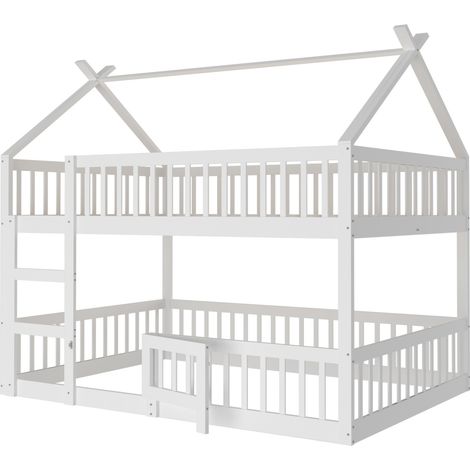 Kinder-Etagenbett mit Treppe, weißer Holzrahmen, 205 x 145 x 205 cm (1/5)