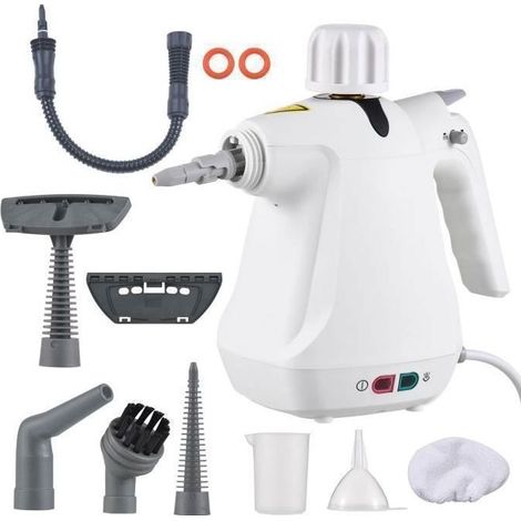 Pulitore a vapore portatile, sistema di pulizia pressurizzato multifunzione 9 in 1 da 1000 W con serbatoio dell'acqua da 350 ml, 3 bar, bianco. (1/4)