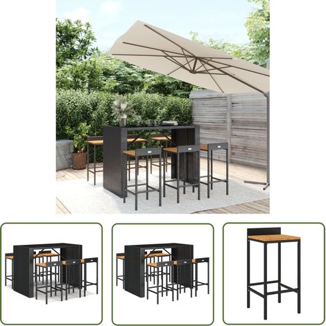 The Living Store Ensemble de bar jardin 7 pcs noir poly rotin/bois massif acacia - Ensemble Salon De Jardin - Mobilier De Jardin - Table De Bar - Chaises De Bar - Set De Bar Extérieur (1/5)
