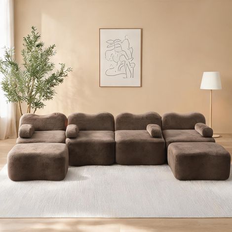 Canapé d'angle en velours marron avec poufs 384 x 167 x 70 cm (1/5)