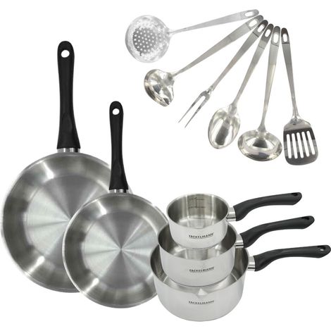 Set 2 poêles 20 et 28 cm, 3 casseroles en inox et 6 ustensiles inox Fackelmann Geneva (1/5)