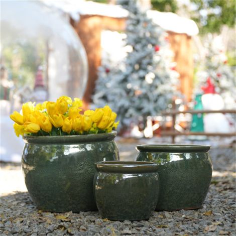 Pot de Fleurs en Céramique Fait Main - Ø29.5x23cm - Pot de Jardin Respirant Vintage avec Trou de Drainage - Vert Bleu Antique (1/5)