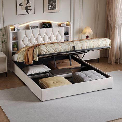Lit coffre 140x190 - Velours beige - Tête de lit à niches - LED d’ambiance & USB - Sommier à lattes inclus (1/5)