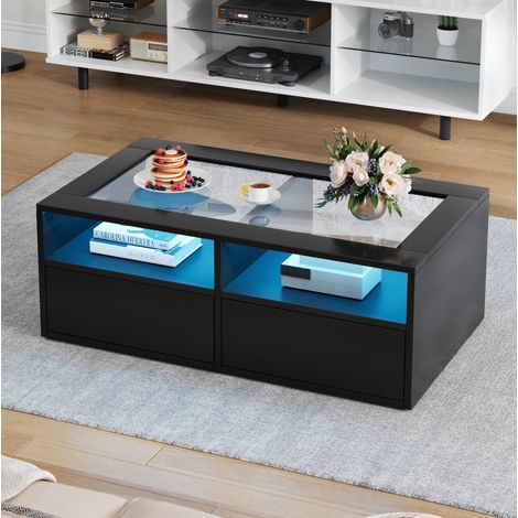 LED-Couchtisch mit 2 Schubladen und 2 offenen Fächern, gehärtetes Glas, schwarz HAVRYA (1/5)