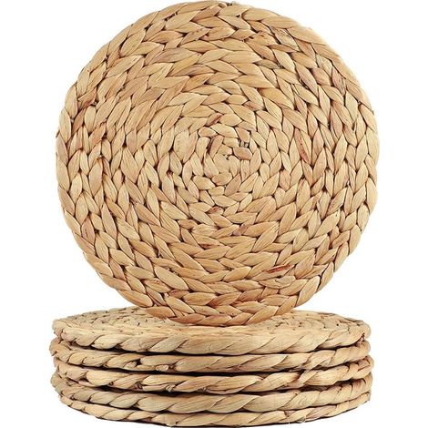 Juego de 6 manteles individuales redondos, tejidos a mano, de jacinto de agua, 30 cm, resistentes al calor, para comedor. (1/5)