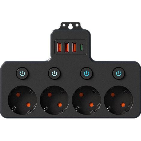 Multiprise extension 4 prises USB-C interrupteurs séparés 2500W noire