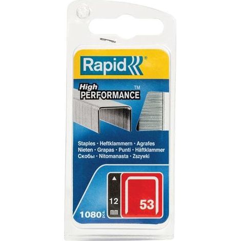 Rapid Type 53 Steel Office Paper Clips and Fine Wire Staples, 12mm Length, Pack of 1,080 Pieces for Paper, Wood, and Fabric