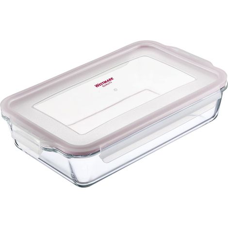 Plat à Four en Verre, Capacité : 2200 ml, Fermeture étanche à l'air, Résistant au Four et au Micro-ondes, Verre/silicone/plastique, Transparent/rouge, 234922E1 (1/5)