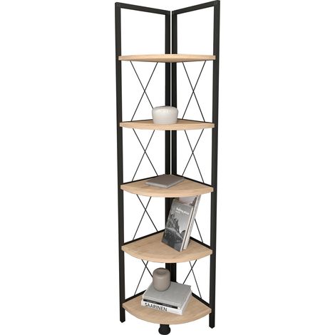 Etagère bibliothèque d'angle en métal. Style industriel. Avec 4 étagères mélaminé chêne Safir. Structure en métal noir. (Hauteur 160 cm/Largeur 34 cm/Profondeur 34 cm) (1/3)
