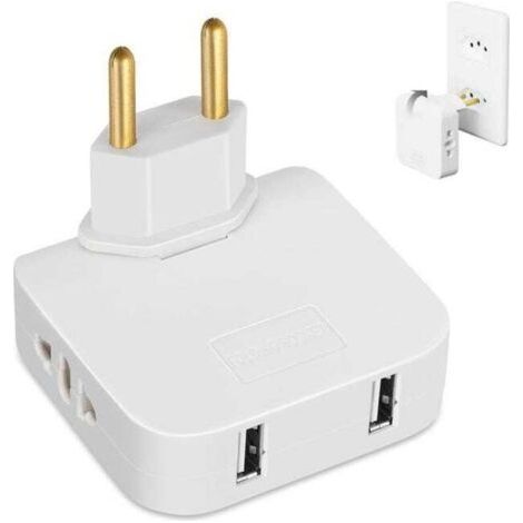 1 multiprise plate avec 2 prises 220 V et 2 ports USB, connexion rotative à 180°, adaptateur européen pour espaces réduits, prise murale plate