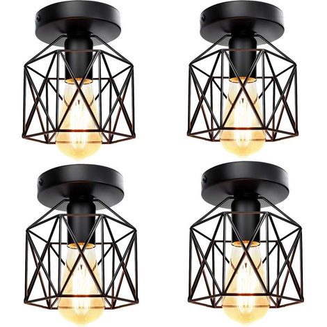 Ceiling Light Fixture Vintage Industrial Simple Black Ceiling Lamp Metal Cage Chandelier with Lampshade for Living Room Hallway 4PCS