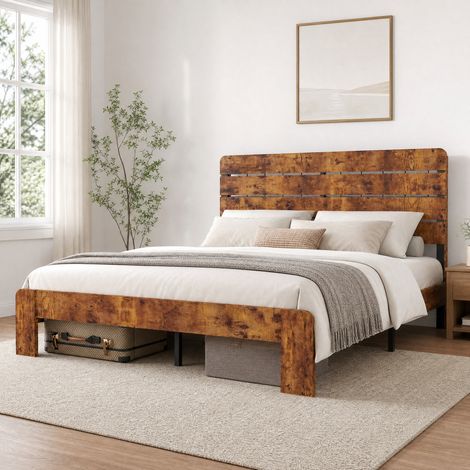 Cama 140x200 cm con cabecero alto y somier de láminas metálicas, marrón DESVIAE (1/5)